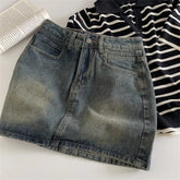 BXOXO Spring New Women High Belt Anti-exposure Short dress Retro Dark Fashion Solid color Short A Word Denim Skirt